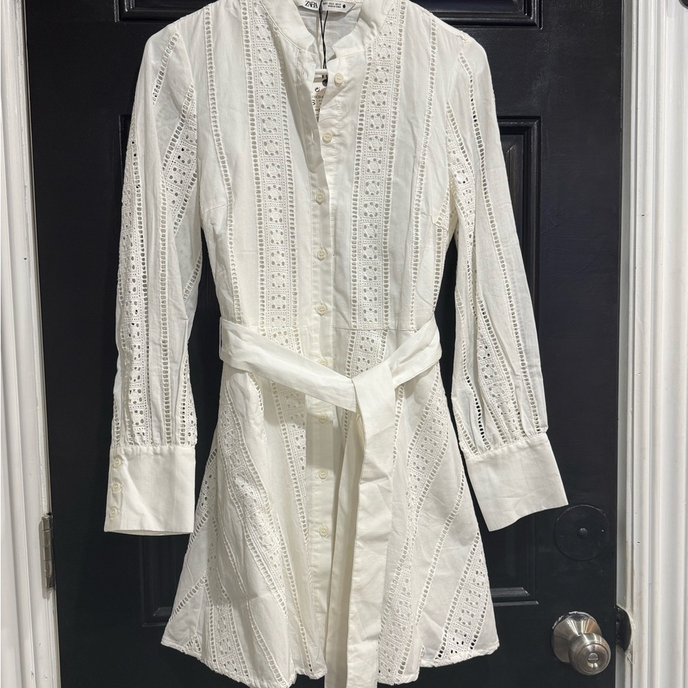 Zara White Eyelet Blouse with Button Detail